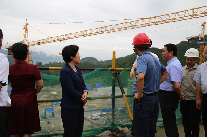 吴桂英（左二）在保靖县芙蓉学校现场察看学校建设进度